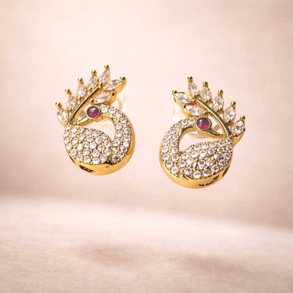 PEACOCK SHAPE STUDS WITH GOLD TONED PLATING