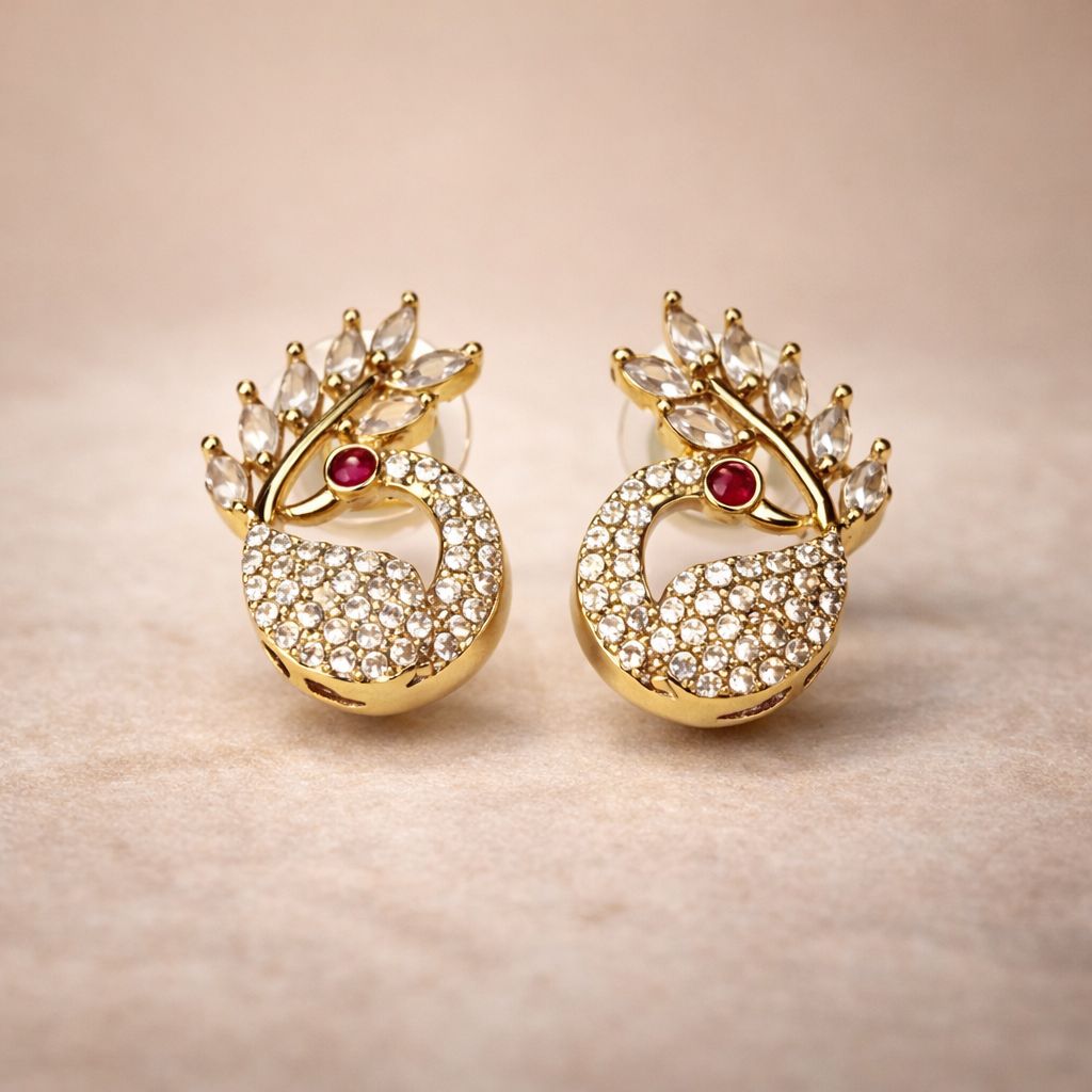 PEACOCK SHAPE STUDS WITH GOLD TONED PLATING