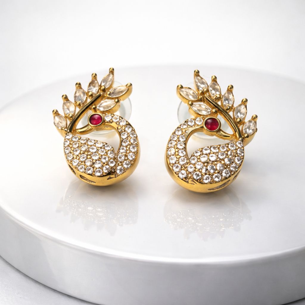 PEACOCK SHAPE STUDS WITH GOLD TONED PLATING