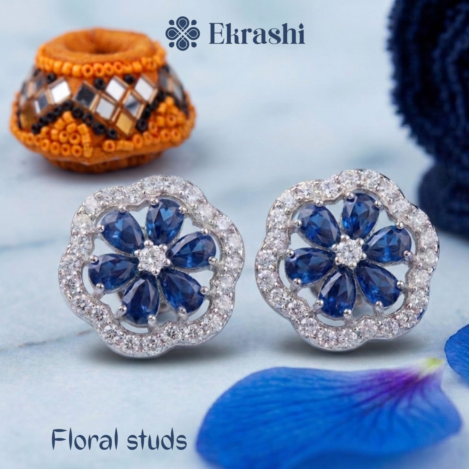 Silver Toned Blue Floral Stud Earrings | Crystal Flower Studs for Women | Elegant Daily Wear Earrings