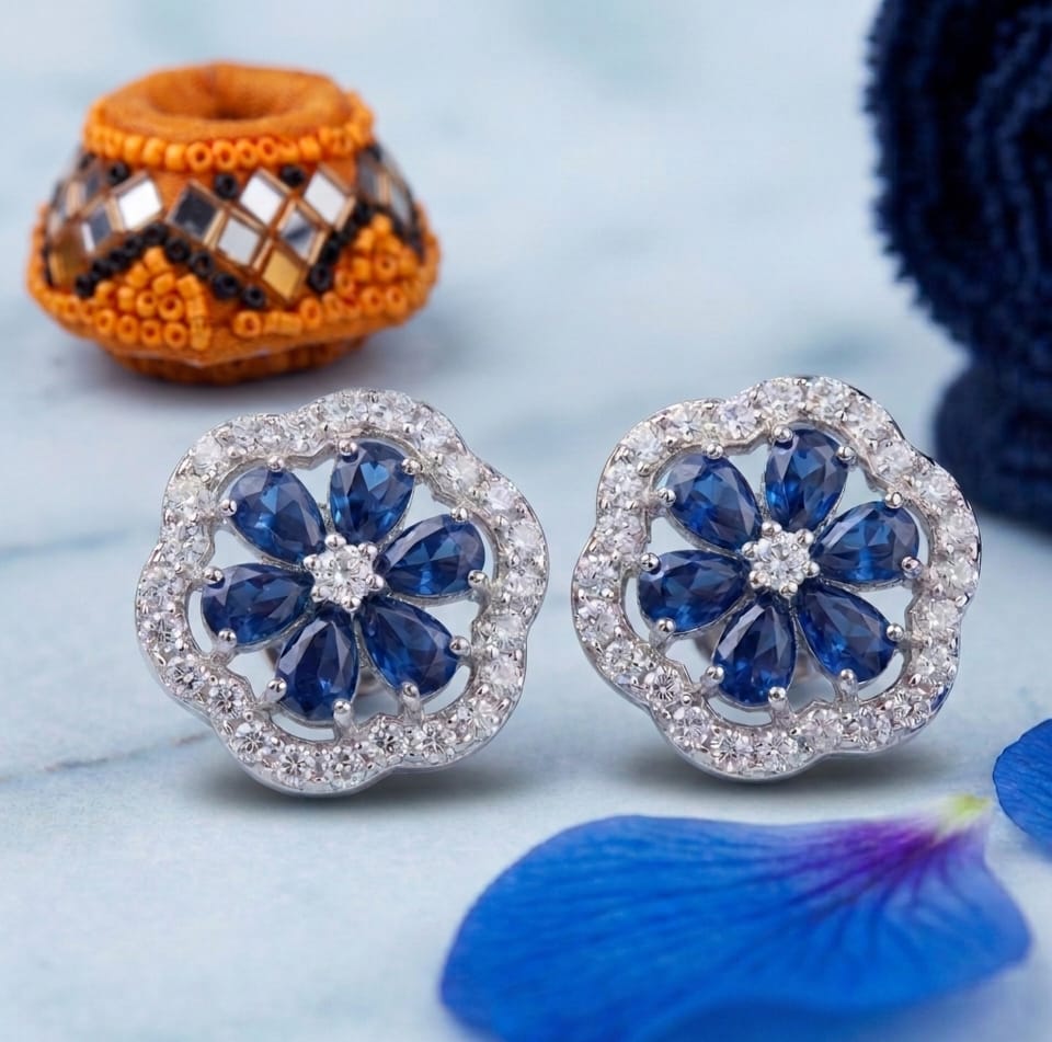 Silver Toned Blue Floral Stud Earrings | Crystal Flower Studs for Women | Elegant Daily Wear Earrings