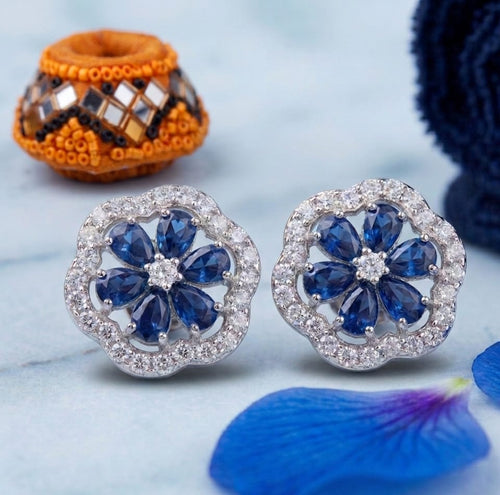 Silver Toned Blue Floral Stud Earrings | Crystal Flower Studs for Women | Elegant Daily Wear Earrings