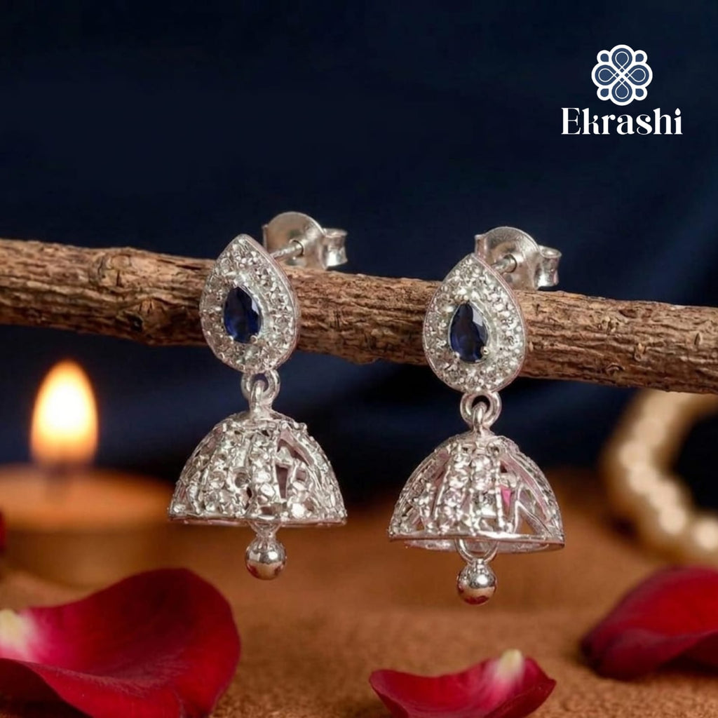 Silver Toned Blue Stone Jhumki Earrings | Elegant Drop Jhumka for Women | Traditional & Party Wear Earrings